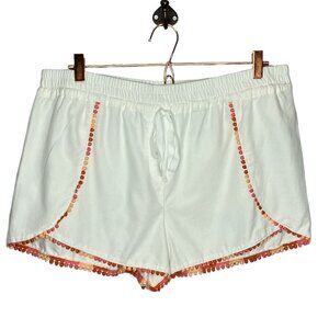 Ann Taylor LOFT Outlet Large L White‎ Orange Pom Pom Pull On Drawstring Shorts